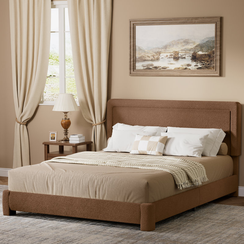Structure de lit tapissier avec tête de lit, aucun sommier requis, Grand lit, Brown
