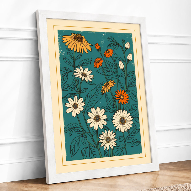 Scattered Daisy Print Botanical - Framed Print, A4 - 29.7 x 21.0 cm, White