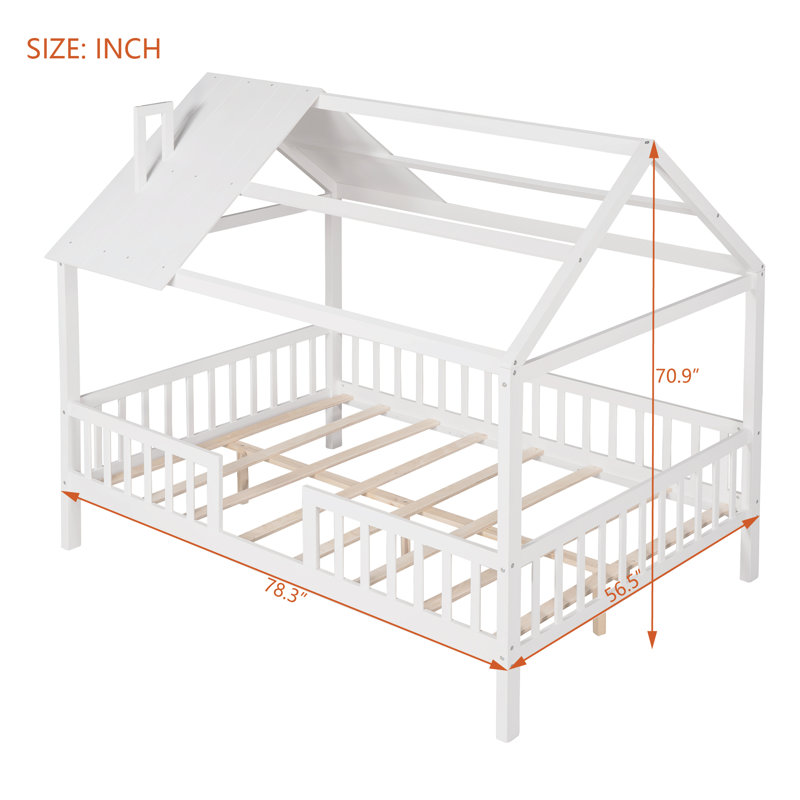 Lit double en bois blanc avec clôture - Lit mezzanine pour enfants, structure en pin, coffre-fort et espace de sommeil