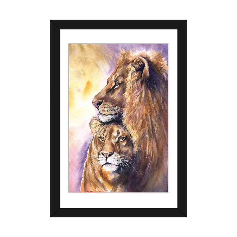 « lion », impression sur toile, Papier d'art encadré noir, H 24 po x l 16 po x P 1 po, Blanc