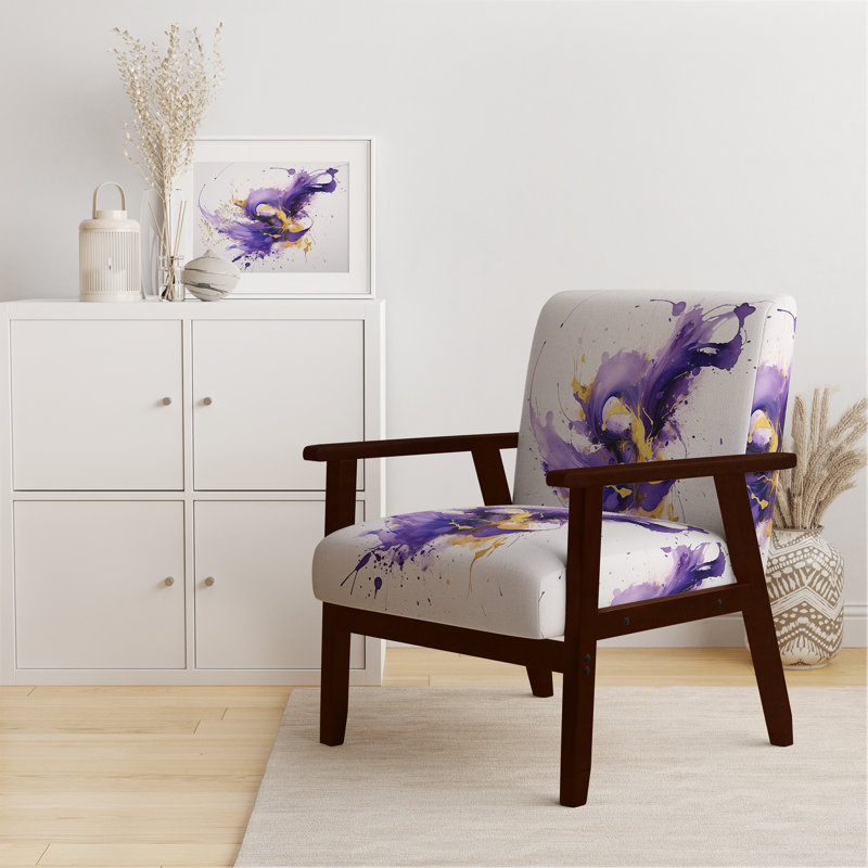Purple And Gold Splash - Upholstered Midcentury Modern Arm Chair, Brown Square Arms