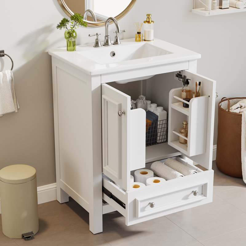 30" Solid Wood Frame Freestanding Bathroom Vanity with Sink, Door Organizer, White, 30"