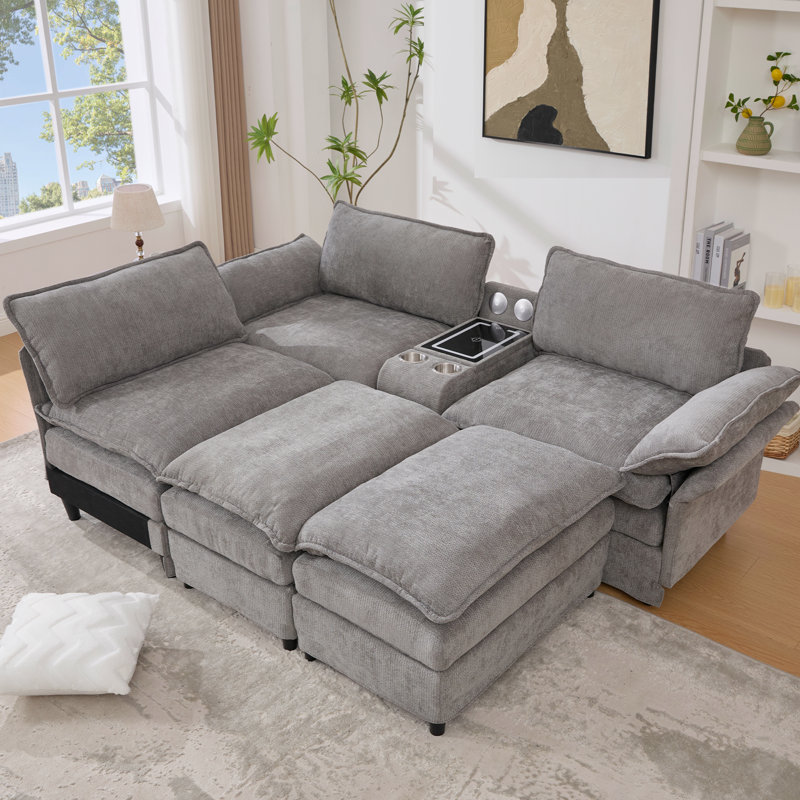 [NEW ARRIVED] U Shaped Upholstery Sectional Sofa,Sectional Modular With Storage Console & Wireless Charging,2 Cup Holders,Bluetooth Speakers