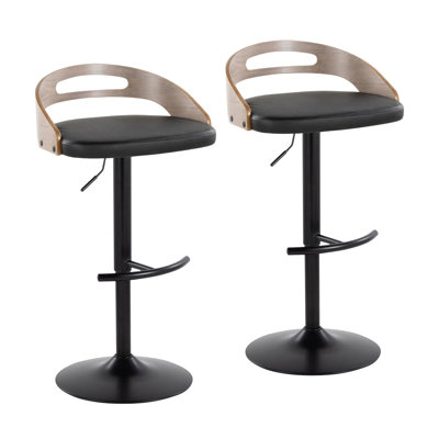 Tabouret de bar réglable avec pivot en métal noir, bois gris clair et similicuir noir avec repose-pieds rond en T - ensemble de 2