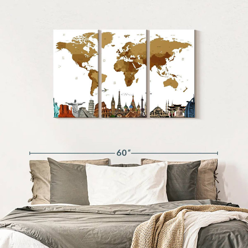 Carte du monde en bronze 3 pièces, H 28 po x l 45 po x P 1,25 po