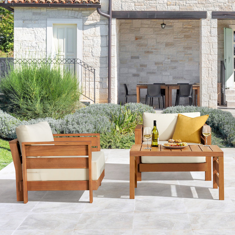 Barton 3 Piece Patio Furniture Set - Weather-Resistant Eucalyptus Wood Outdoor Table and Chairs with Cream Cushions - Modern Outdoor Furniture Set for Porch, Deck, Pool (Natural)