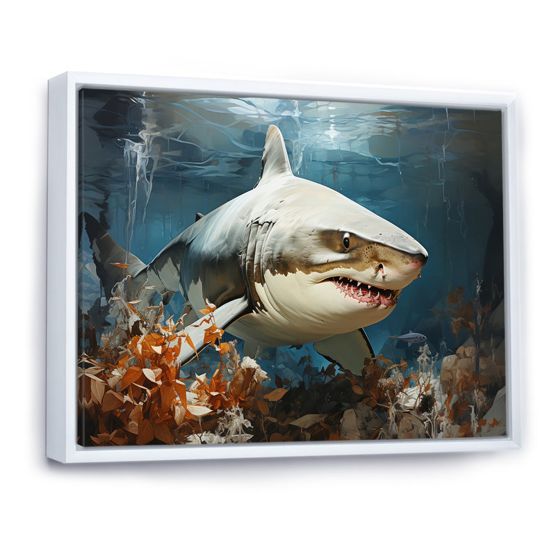 " Minimalism Shark Hunting ", 12" H x 20" W x 1" D, White Floater Framed