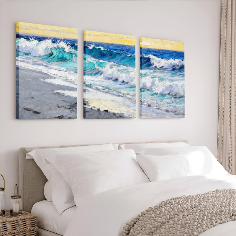 «Ocean Waves Beach Scene», ensemble de 3 reproductions d'art sur toile tendues sur toile, H 36 po x l 72 po