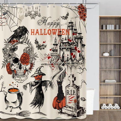 Rideau de douche rétro Halloween, crâne gothique, épouvantail, corbeau, château de tombe, rétro, salle de bain, tissu imperméable lavable à la machine avec crochets, l 72 po x L 72 po