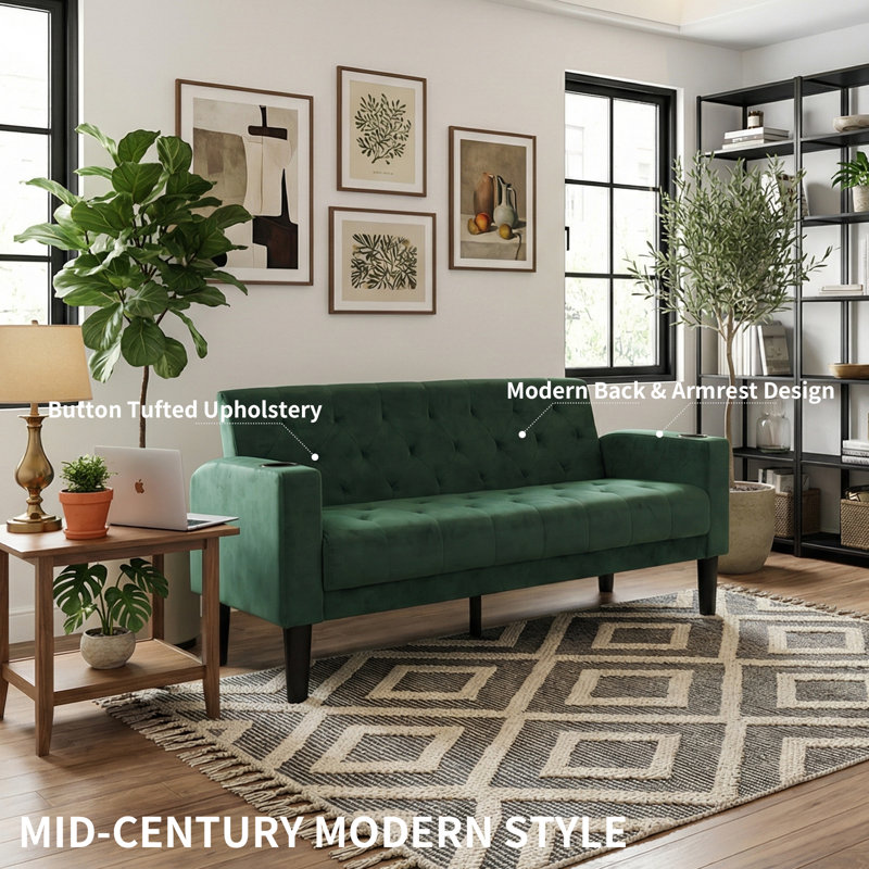 Sofa Seats Modern Style Comfy Small Sofa with Pocket Storage 2 USB 2 Cup Holders Upholstered Couch for Living Room Bedroom Office