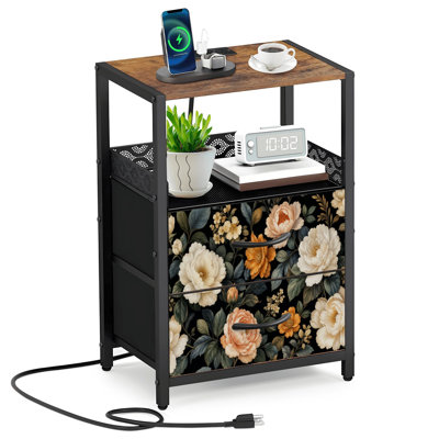 Table de chevet avec 2 tiroirs en tissu et station de charge