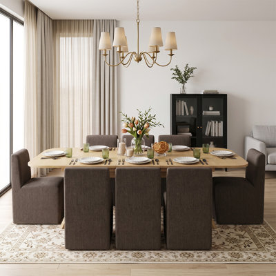 78"-96" Extendable Wood Veneer Dining Table Set with 8 Linen-Blend Caster Chairs