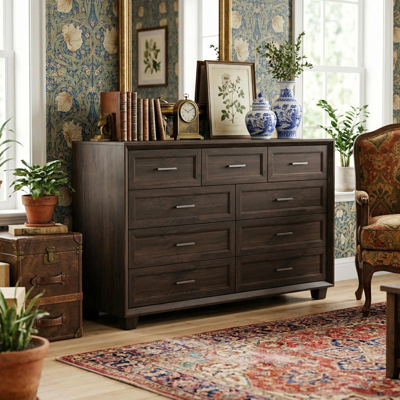 Commode 9 tiroirs de style élégant, Brun