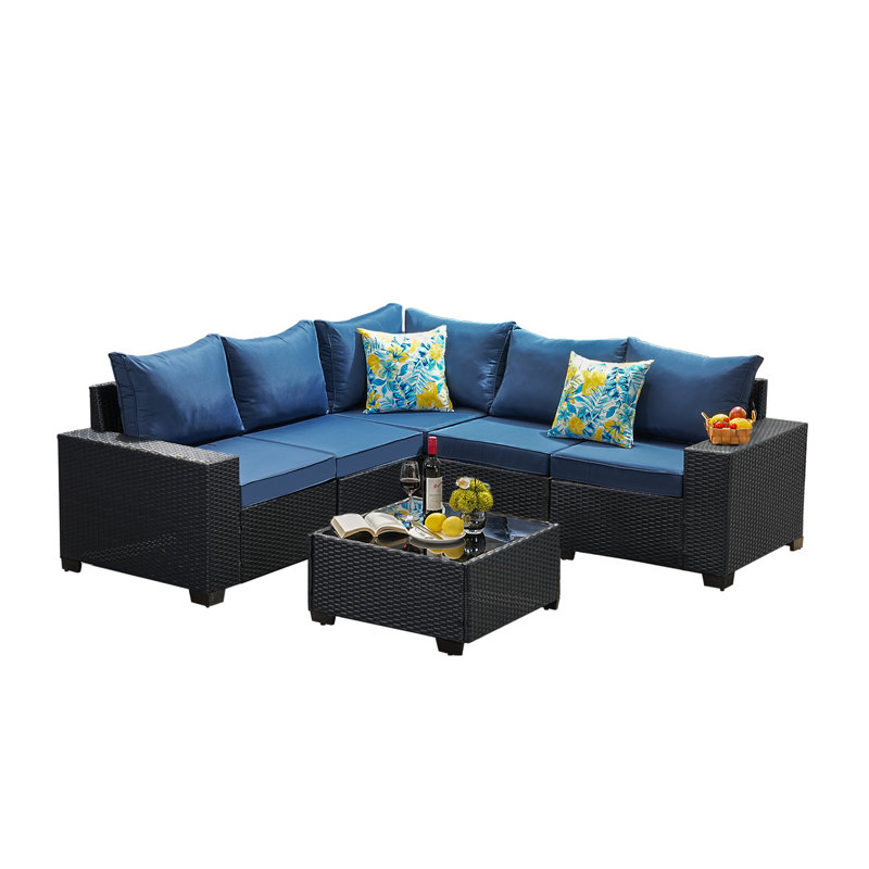 Ebern Designs 6 Pieces Patio Furniture set All-Weather Outdoor Conversation Sofa Rattan patio seating sofa, Navy