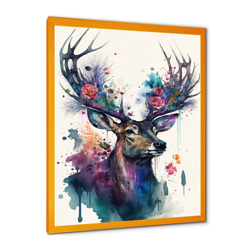 Mignon cerf Floral II - peinture sur toile, Encadrement doré, H 32 po x l 24 po x P 1 po