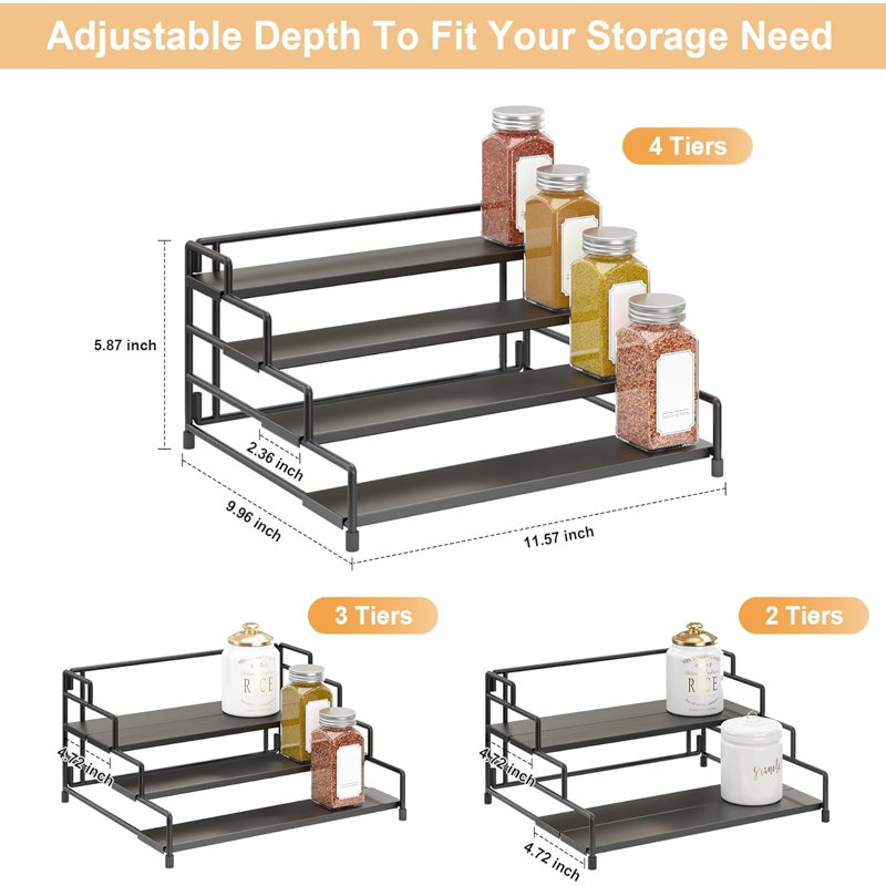 1 Pack Black 4-Tier Metal Spice Rack, Adjustable Depth Shelf Riser for Kitchen Cabinet/Countertop/Pantry/Cupboard Seasoning Display