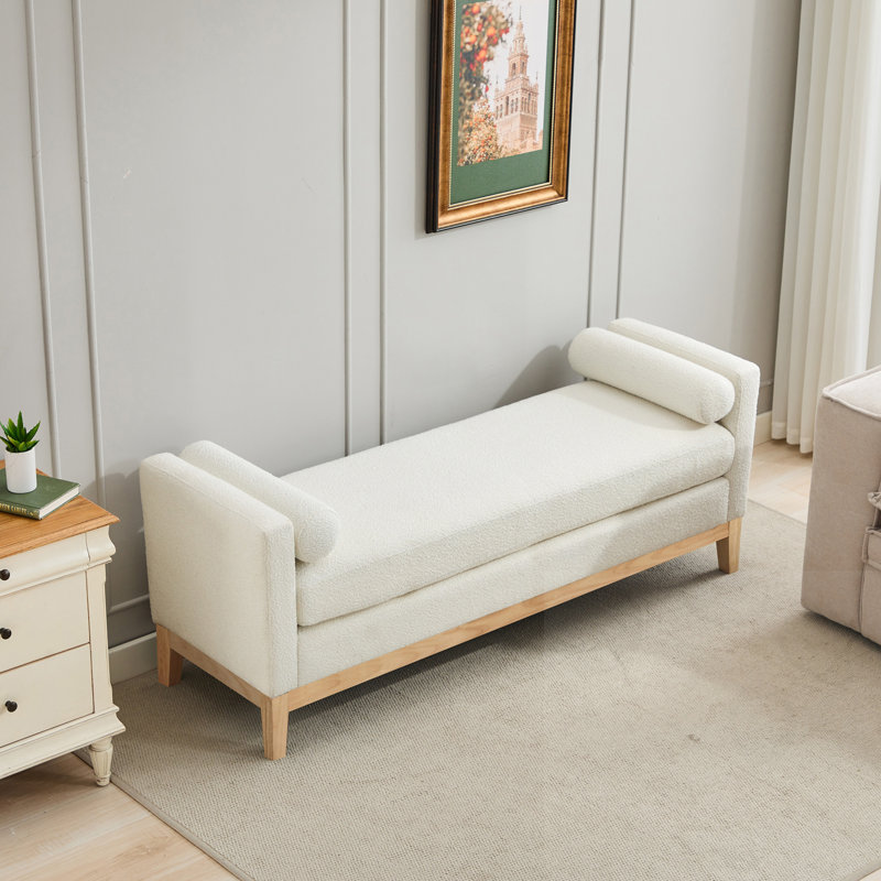 Upholstered Bench With Arms And 2 Bolsters, Wood, Ivory