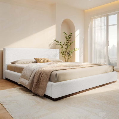 Boucle Upholstered Bed With Grain Textured Wood Base