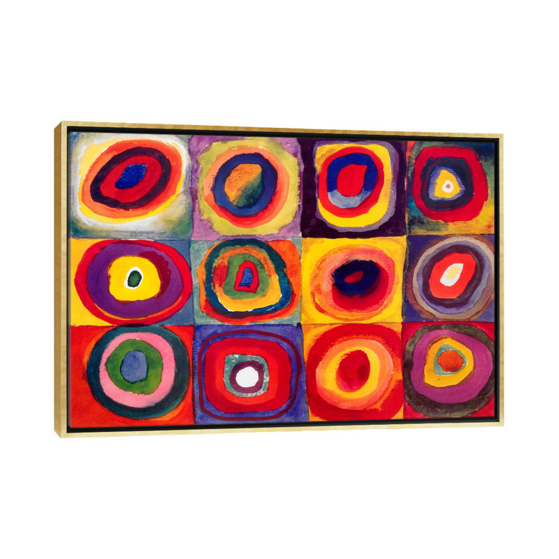 "carrés avec cercles concentriques" par wassily kandinsky,-impression, H 32 po x l 48 po x P 1,5 po, Toile encadrée d'or