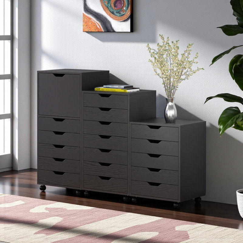 Sutton Black Finish 3-Piece Multi-Storage Cabinet Set With Wheels, 41.33'' H X 57.34'' W X 15.73'' D, Black