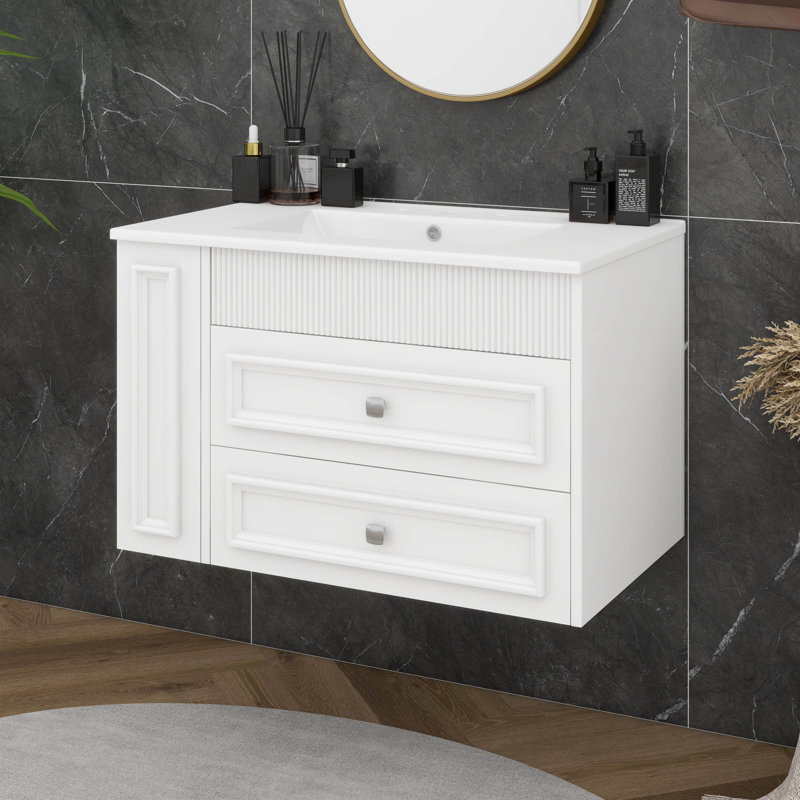 Meuble-lavabo mural 30 po avec lavabo, meuble-lavabo flottant avec 2 tiroirs, système de fermeture en douceur, Blanc