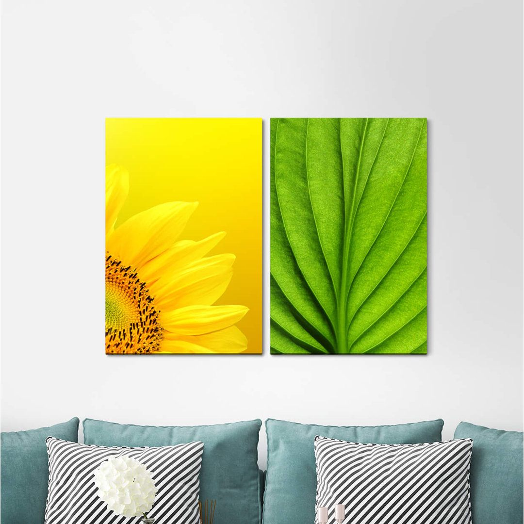 2-tlg. Leinwandbilder-Set - Grafikdruck „Sunflower Yellow Green Leaf Plant”