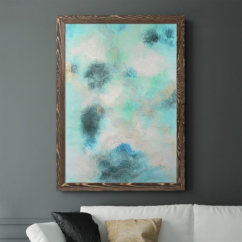 Dwaipayan Blue Shift I, peinture sur toile encadrée, H 43,5 po x l 31,5 po, Toile avec cadre noyer, Blanc
