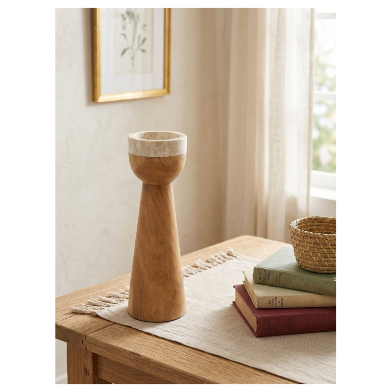 Porte-bougie effilé en bois de teck et marbre, H 11 po, brun / crème, 11" H x 3.9" W x 3.9" D