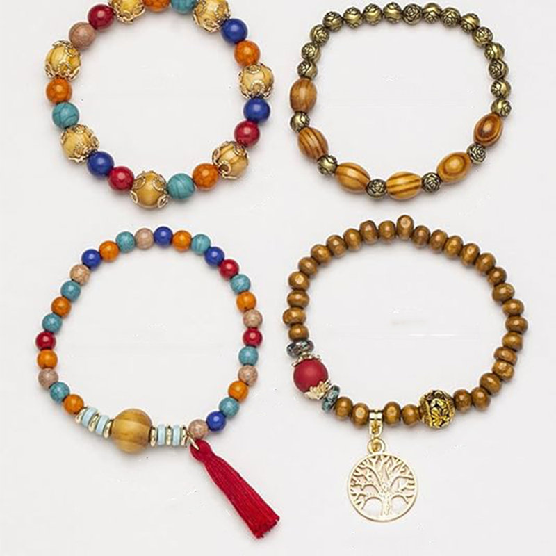 4 In1 Handmade Tree & Tassel Charms Beads Multilayer Bracelet Vintage Wrap Bracelet For Women Female, Red