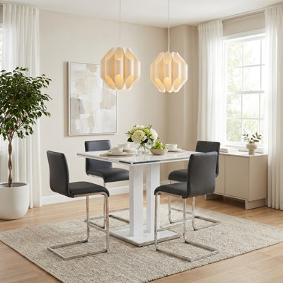 Amanda 5-Piece Square White Wood Tabletop Dining Table Set With Black Stools Seats Up To 4