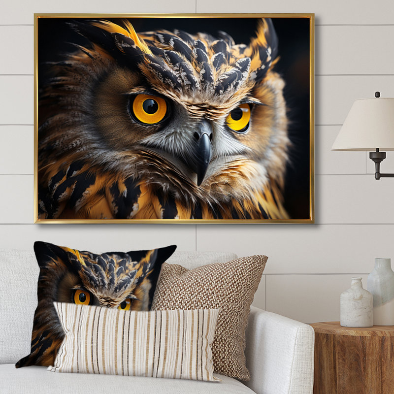 Portrait d'un hibou jaune - impression, H 24 po x l 32 po x P 1 po, Cadre flottant doré