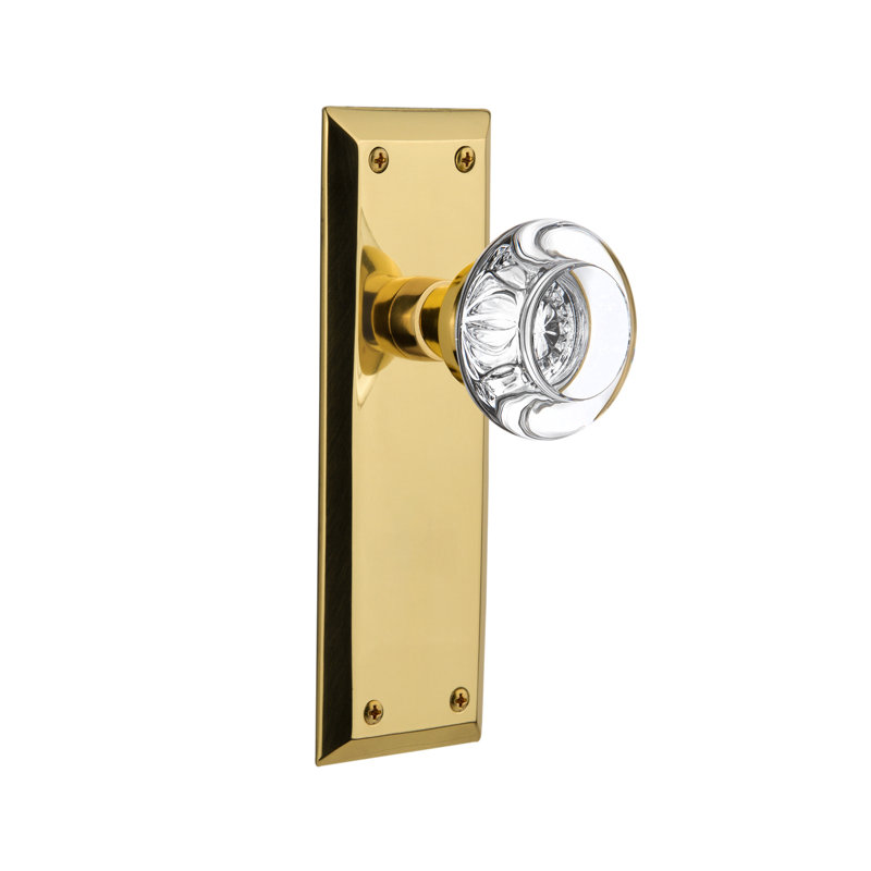 New York Plate with Round Clear Crystal Door Knob, Unlacquered Brass, 2-3/4”
