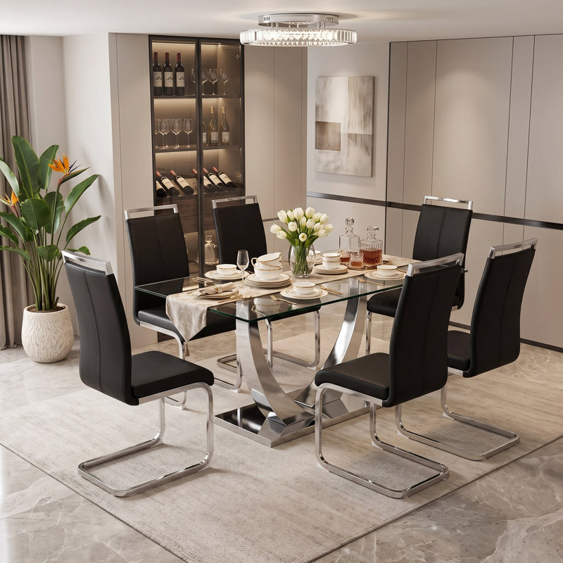 Ensemble de salle à manger 7 pièces rectangulaire moderne en verre trempé avec base en métal et chaises en porte-à-faux en similicuir