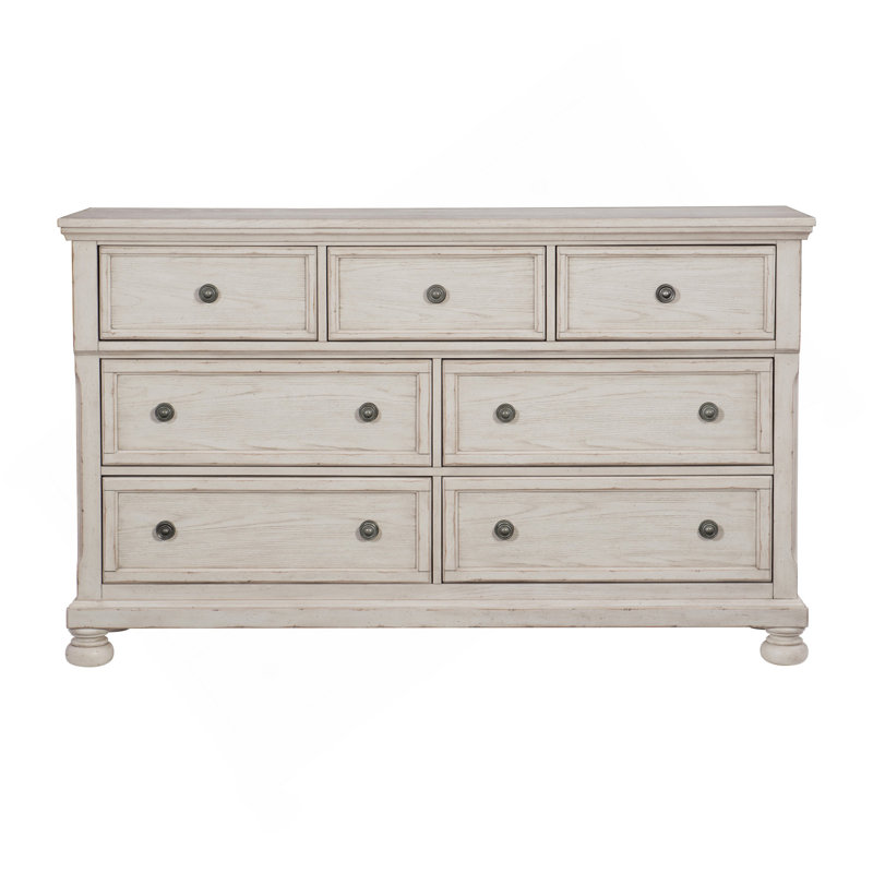 Commode de 7 tiroirs au fini blanc antique, Blanc