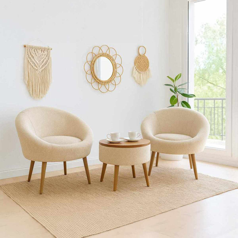 Ensemble de fauteuil à oreilles et table basse (3 pièces), Cream Polyester Blend, Natural Wood