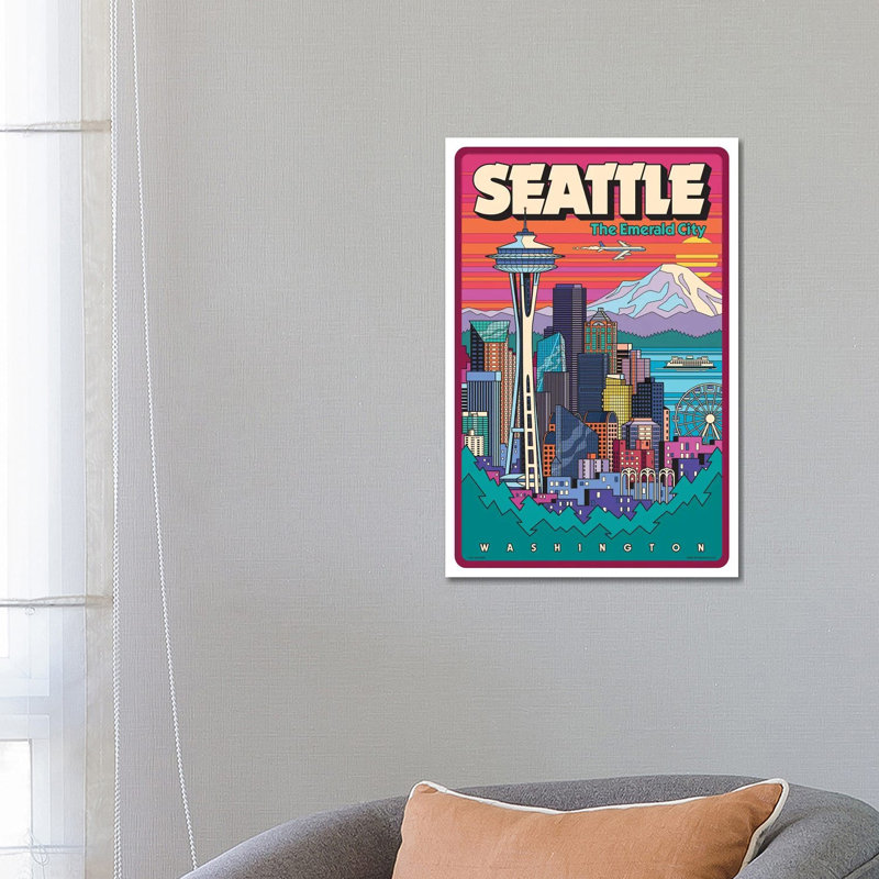 Seattle Pop Art Travel by Jim Zahniser - Print on Canvas, Black Framed, 66.04 cm H x 45.72 cm W