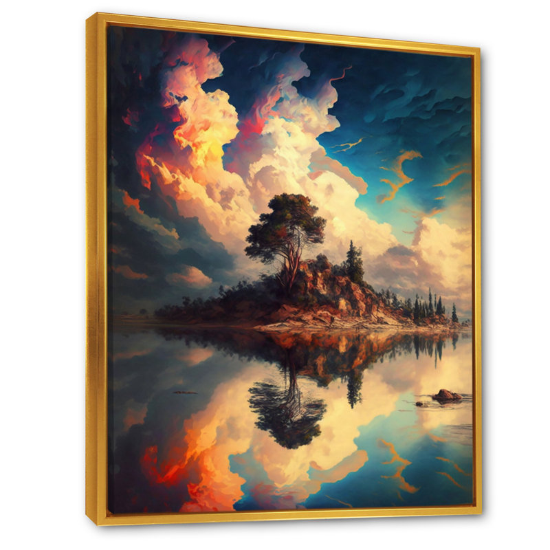 «Single Tree on a Little Island Under a Vibrant Sky», reproduction sur toile, H 32 po x l 16 po x P 1 po, Cadre flottant doré