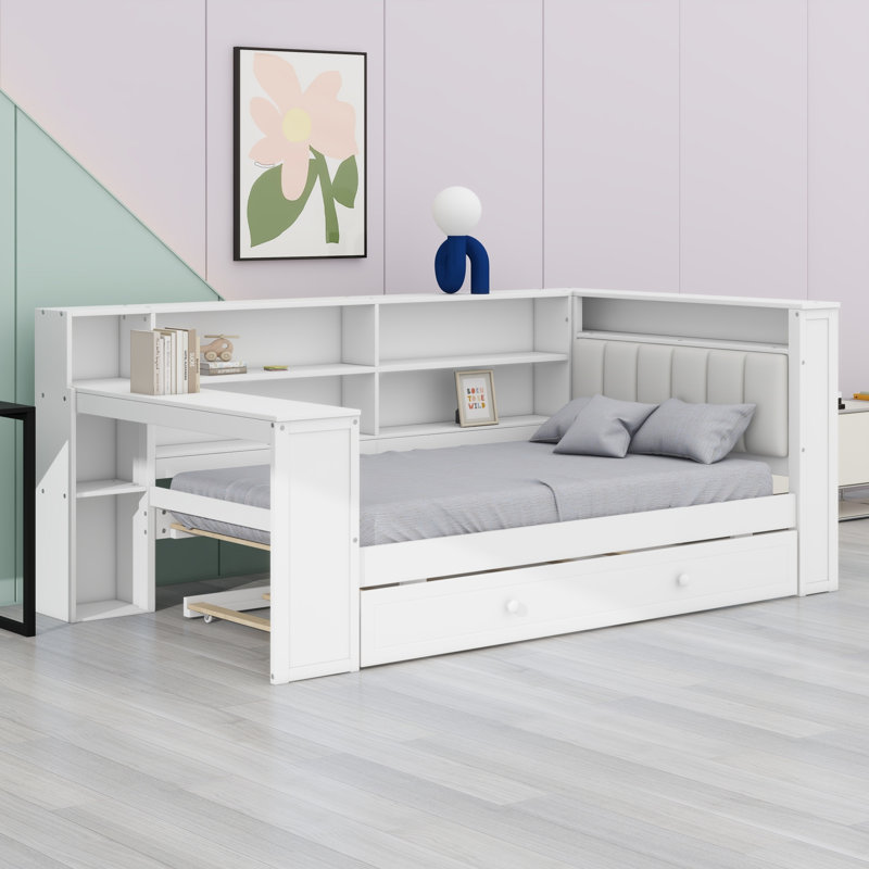 Upholstered Headboard Bed with Trundle, Storage Shelves, Desk & Charging Station, White+Beige Cushion