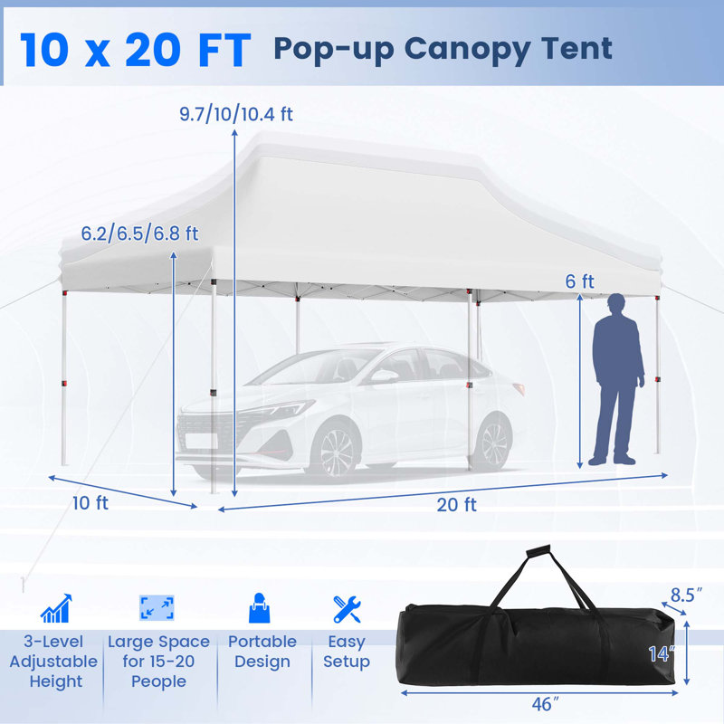 Tente de protection contre le soleil avec sac de transport bleu 10 x 20 pi Costway, Blanc