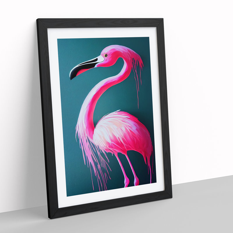 Paint Drip Flamingo - Wrapped Canvas Painting, 64cm H x 46cm W x 2cm D, Black Framed