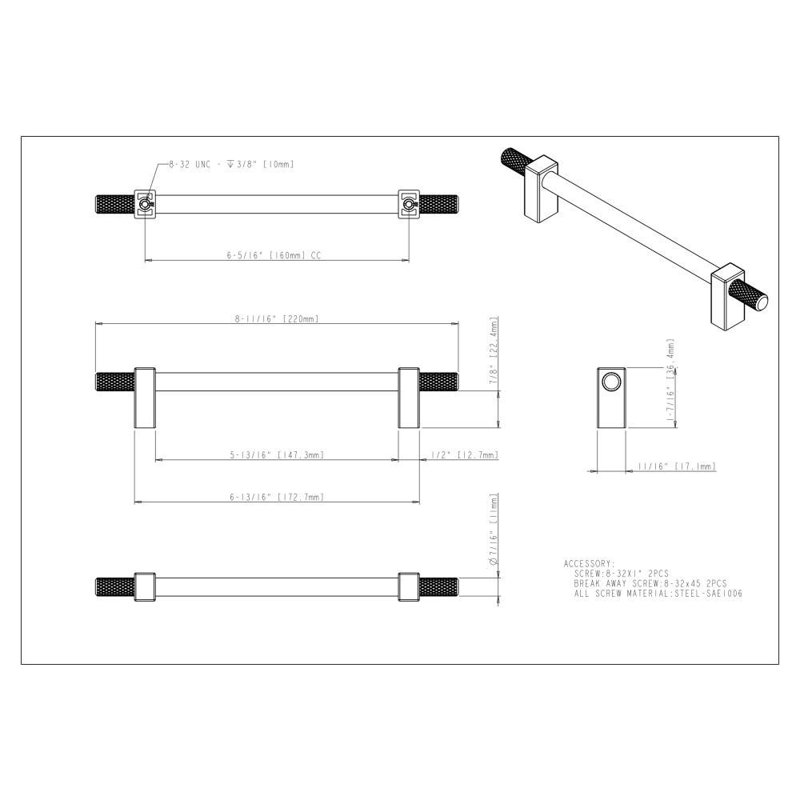 Larkin 4 Knurled Ends Bar Pull, Satin Nickel, 3 3/4"