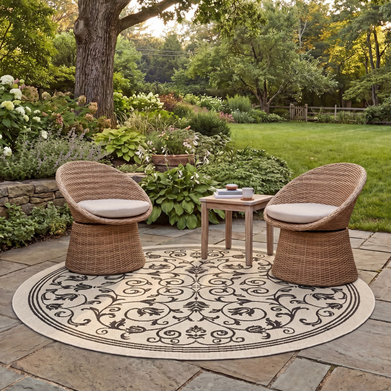 Tapis intérieur / extérieur à motif floral sable / noir Arneshia, Rond 5 pi 3 po