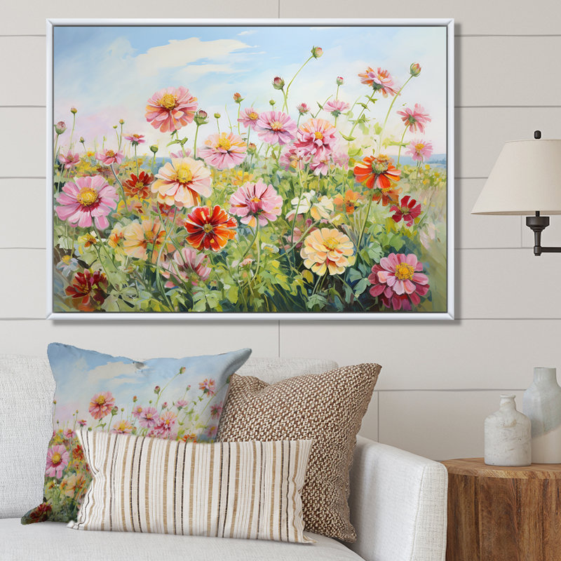 Zinnias Country Charm sur toile, Cadre flottant blanc, H 24 po x l 32 po x P 1 po