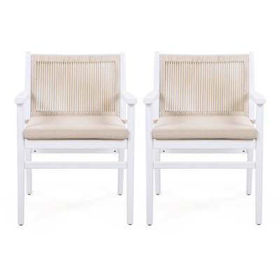 Outdoor Dining Chairs Set Of 2, Acacia Wood Patio Armchair With Rope Design Back And Water Repellent Cushion, White Frame, 400Lbs Weight Capacity