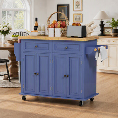 Îlot de cuisine mobile avec plateau en bois massif, table sur roulettes avec rangement et tablettes ajustables pour salle à manger
