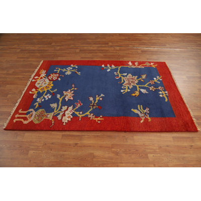 Blue & Red Floral Art Deco Oriental Rug 4x6