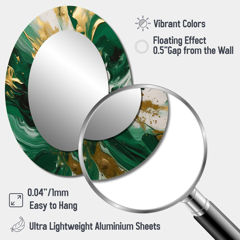 Vert et or Serene Cascade II - Grand miroir mural ovale sur métal, 40 po x 30 po