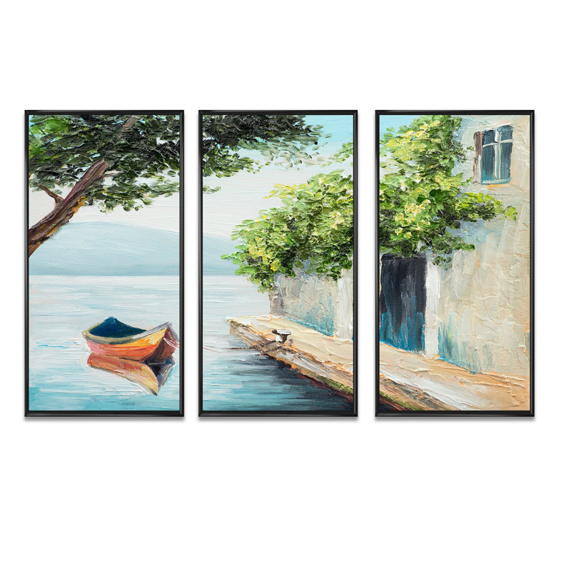 «Gondola In Venice On A Beautiful Summer Day», peinture sur toile flottante 3 pièces, H 28 po x l 36 po, Noir