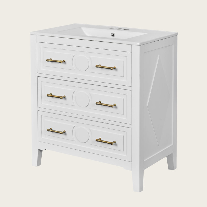 Meuble-lavabo autoportant 30 po avec lavabo en céramique 30 po, 3 tiroirs, structure en bois massif, Blanc, Doré