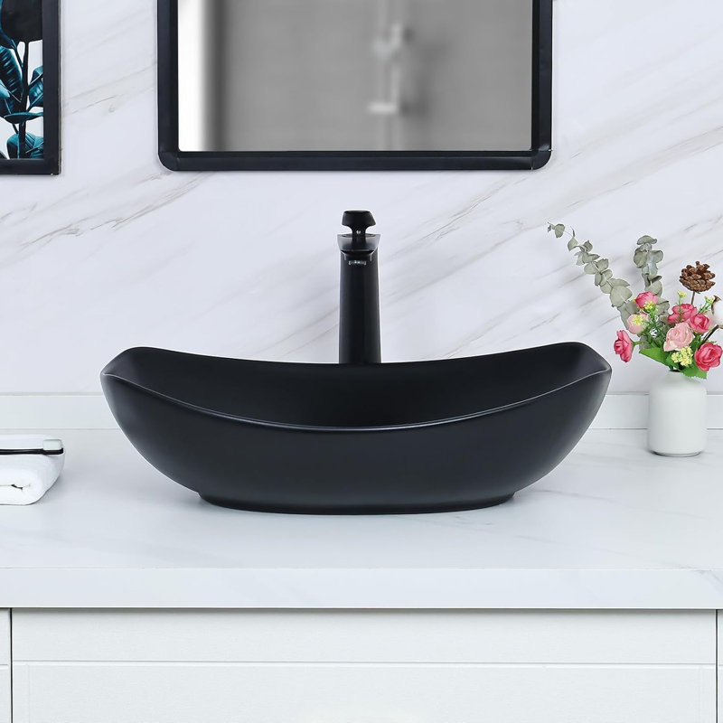 Davivy 22" X 16" Boat-Shaped Large Matte Black Bathroom Vessel Sink